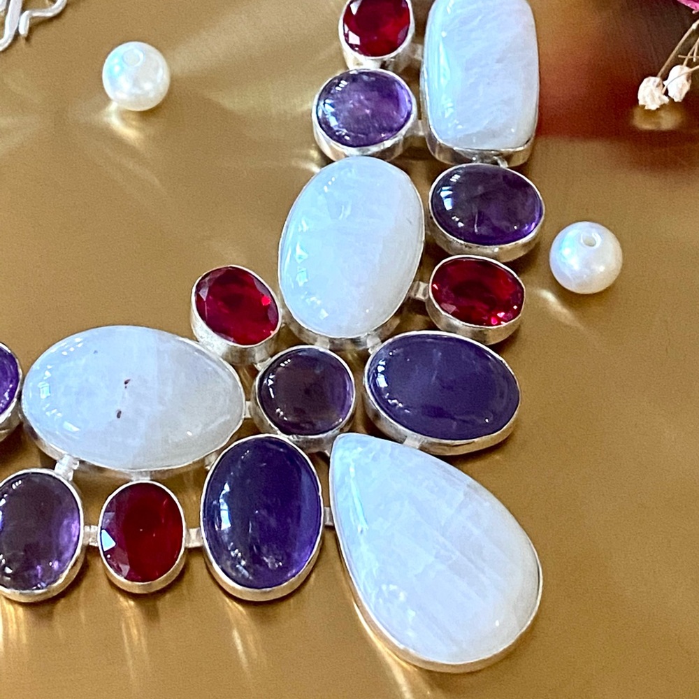 Rainbow Moonstone, Amethyst And Garnet Cluster Necklace - Picture 6 of 13